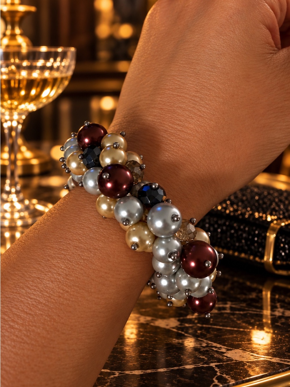 Silver Champagne Bronze Pearl Cluster Stretch Bracelet Cocktail Glam